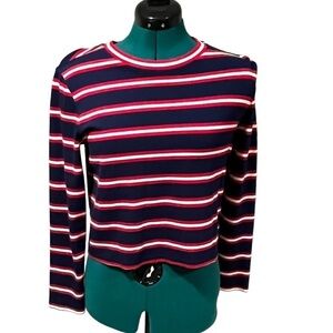 Halogen Women's Medium Stripe Navy Red White Crop Sweater Top Long Sleeve